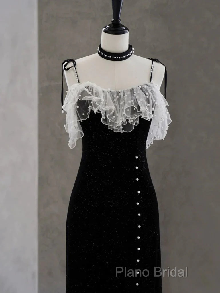 Black Tea Length Straps Beaded Formal Dresses, Black Party Dresses Formal Dresses