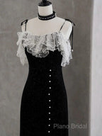 Black Tea Length Straps Beaded Formal Dresses, Black Party Dresses Formal Dresses