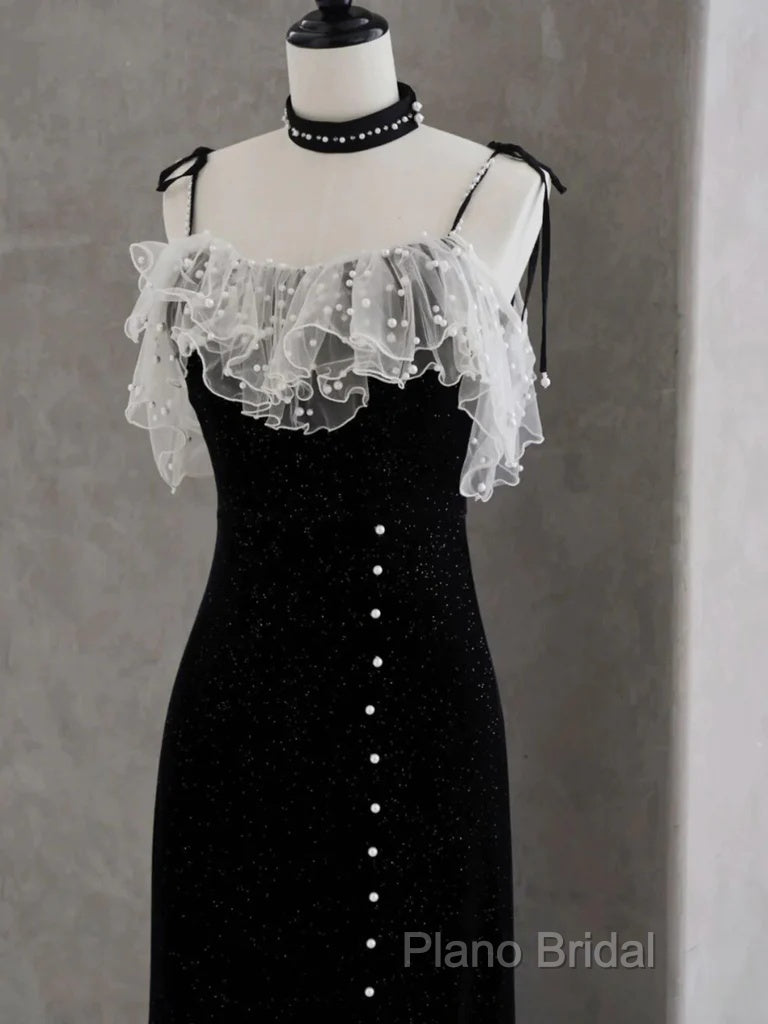 Black Tea Length Straps Beaded Formal Dresses, Black Party Dresses Formal Dresses