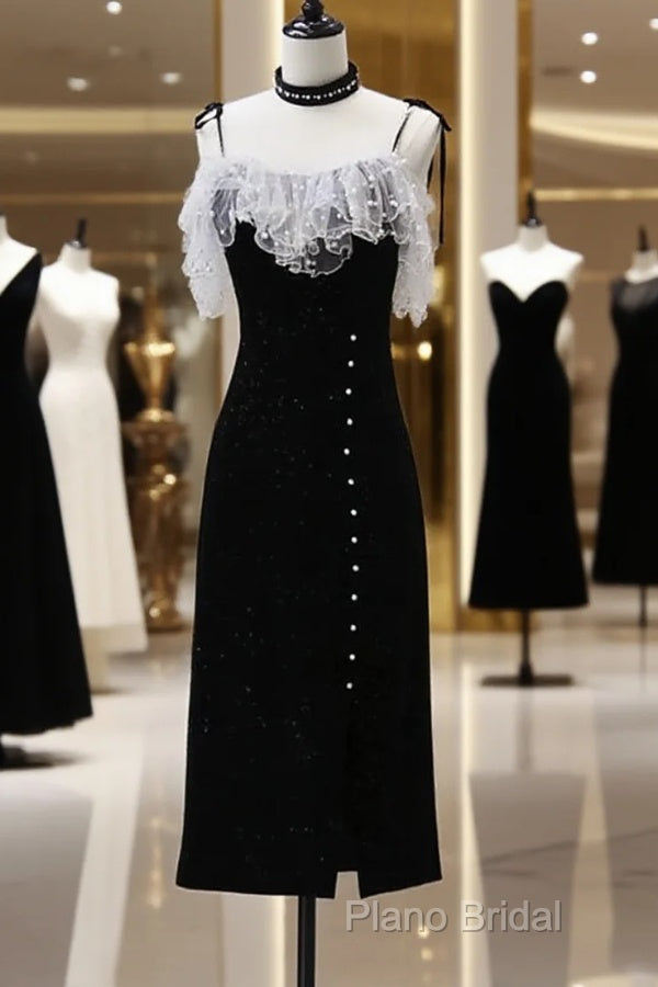 Black Tea Length Straps Beaded Formal Dresses, Black Party Dresses Formal Dresses Main image