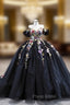 Black Tulle 3D Flower Off the Shoulder Formal Prom Dresses