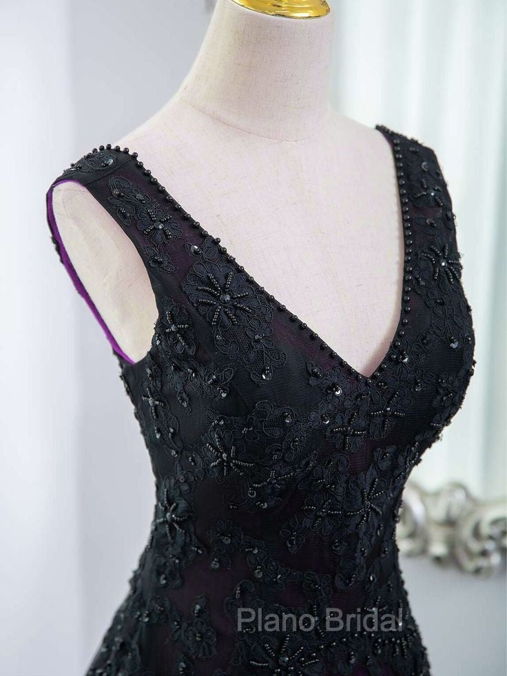 Black Tulle A-Line V-Neck Purple Satin Lace Applique Long Formal Prom Dresses With Beadings Secondary image