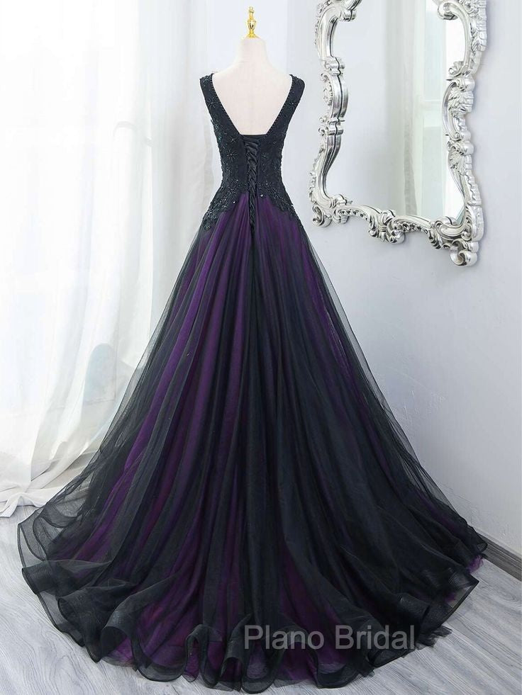 Black Tulle A-Line V-Neck Purple Satin Lace Applique Long Formal Prom Dresses With Beadings