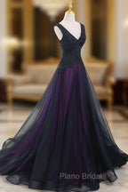Black Tulle A-Line V-Neck Purple Satin Lace Applique Long Formal Prom Dresses With Beadings