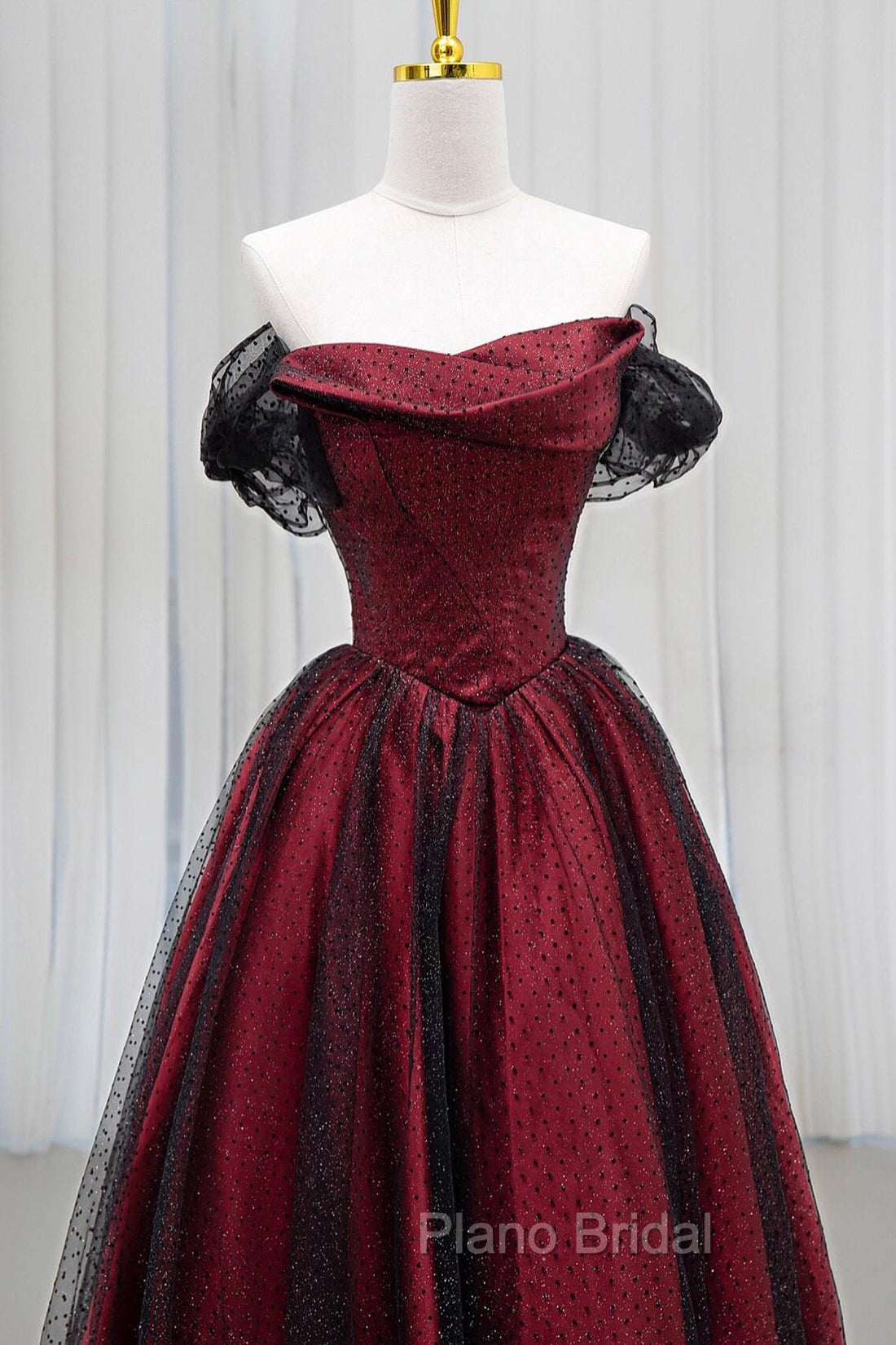Black Tulle And Burgundy Satin Long Formal Prom Dresses, Charming A-Line Party Dresses