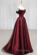 Black Tulle And Burgundy Satin Long Formal Prom Dresses, Charming A-Line Party Dresses