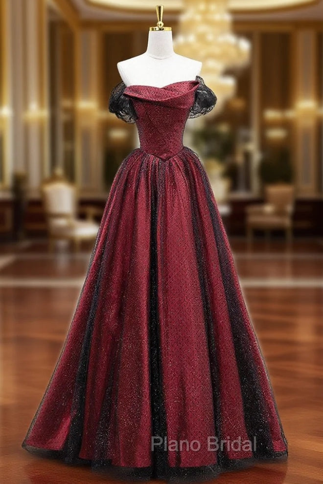 Black Tulle And Burgundy Satin Long Formal Prom Dresses, Charming A-Line Party Dresses Main image