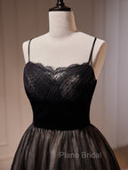 Black Tulle and Lace Straps Short Party Dresses, Black Homecoming Dresses