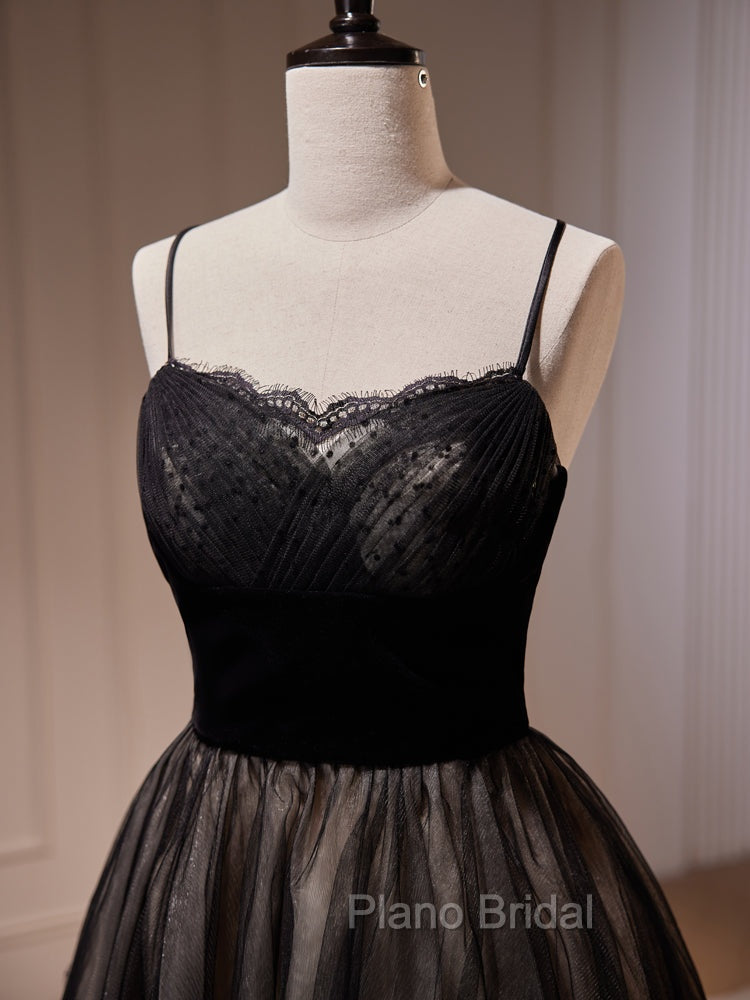 Black Tulle and Lace Straps Short Party Dresses, Black Homecoming Dresses
