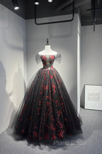 Black Tulle And Red Sequins Floor Length Formal Prom Dresses, Off The Shoulder Formal Party Dresses