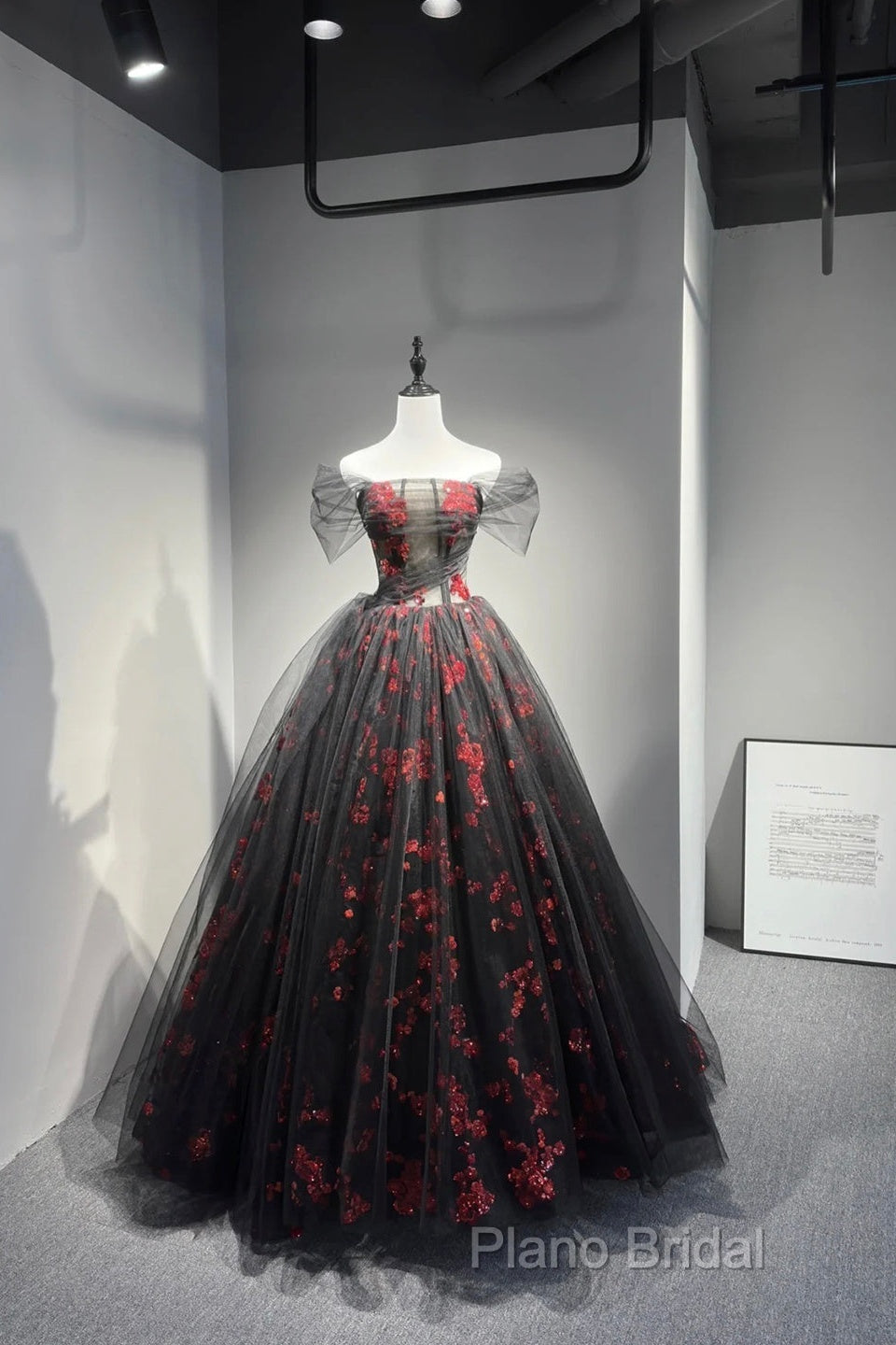 Black Tulle And Red Sequins Floor Length Formal Prom Dresses, Off The Shoulder Formal Party Dresses