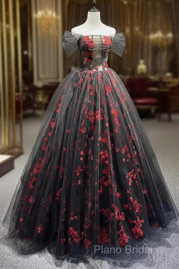 Black Tulle And Red Sequins Floor Length Formal Prom Dresses, Off The Shoulder Formal Party Dresses Main image