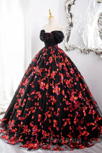 Black Tulle And Red Sequins Long Formal Dresses, Off The Shoulder Evening Dresses