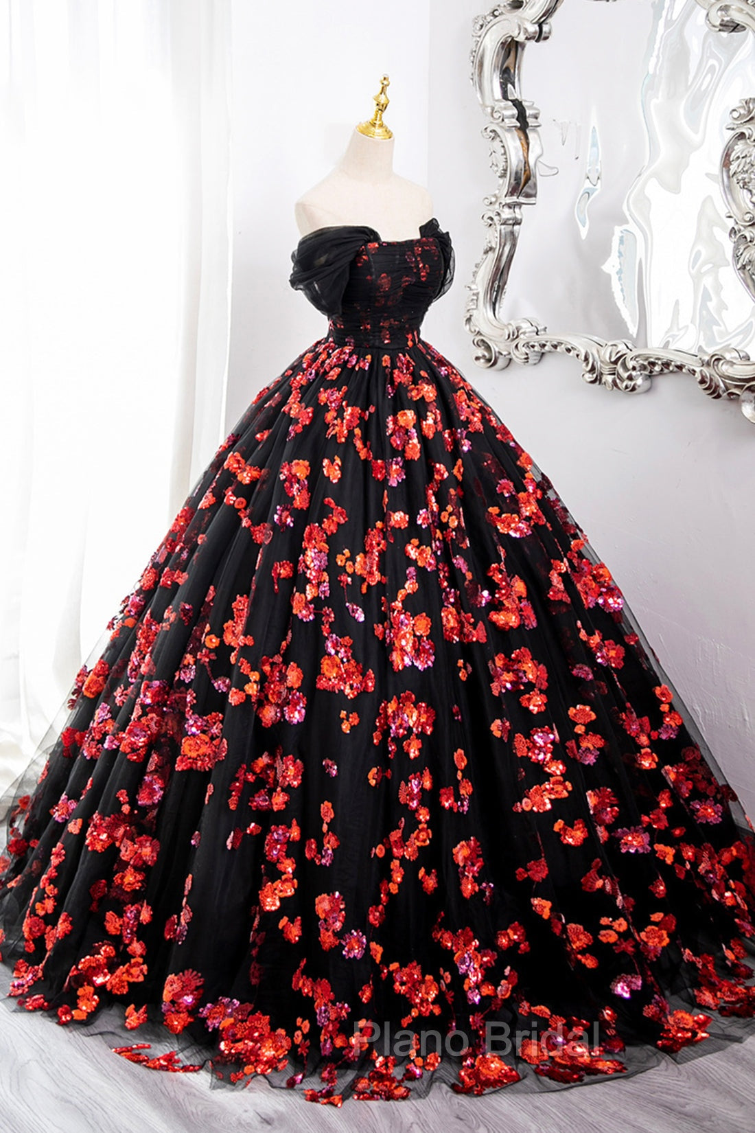 Black Tulle And Red Sequins Long Formal Dresses, Off The Shoulder Evening Dresses