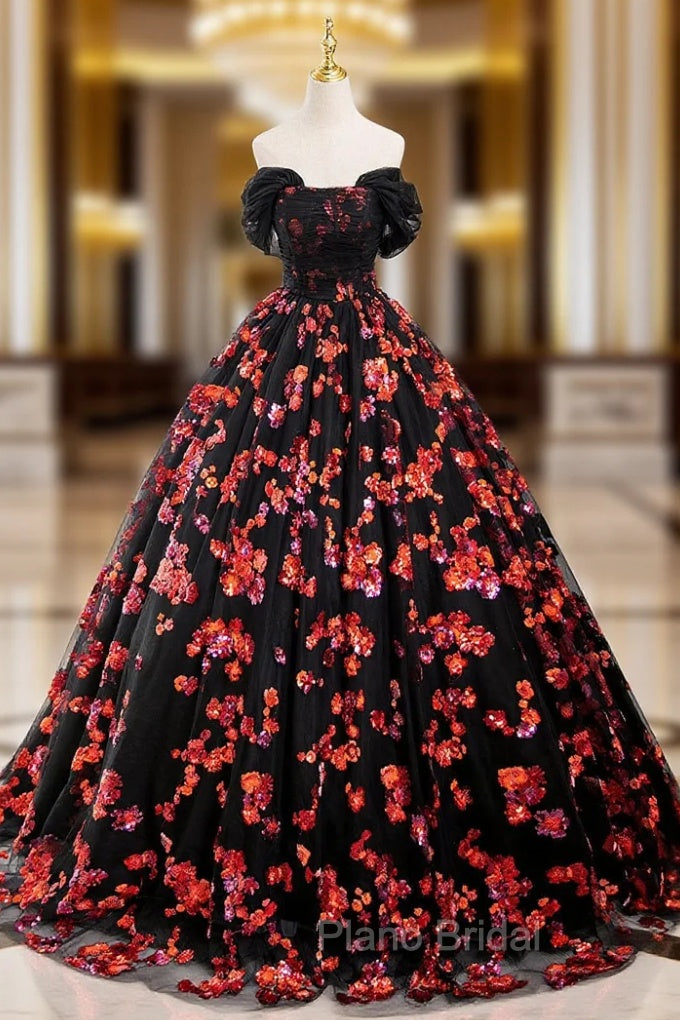 Black Tulle And Red Sequins Long Formal Dresses, Off The Shoulder Evening Dresses