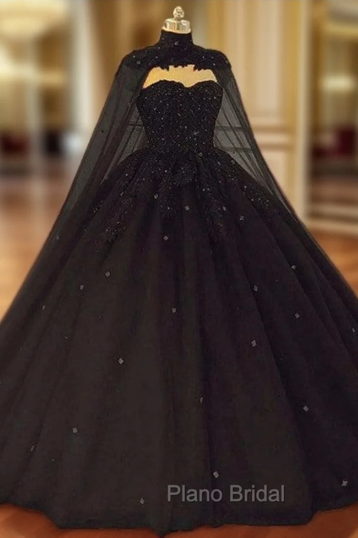 Black Tulle Ball Gown Wedding Party Dresses with Cap, Black Lace Formal Gown Main image