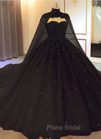 Black Tulle Ball Gown Wedding Party Dresses with Cap, Black Lace Formal Gown