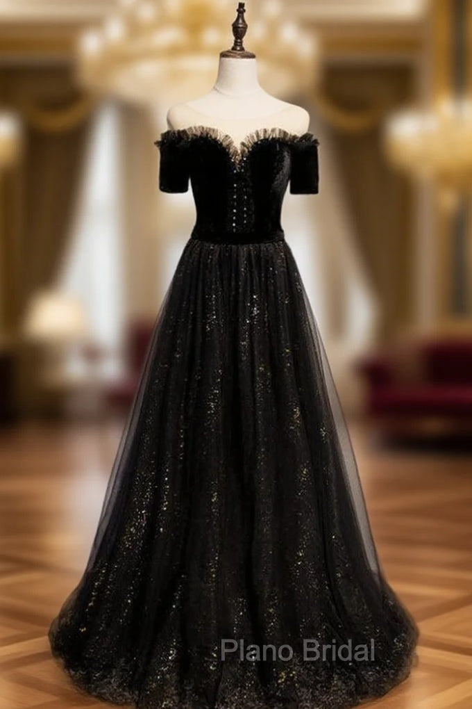 Black Tulle Bateau Short Sleeve Beading Formal Prom Dresses Main image
