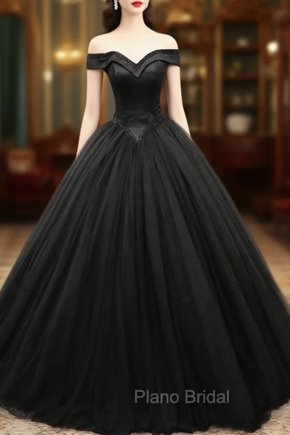 Black Tulle Beaded Long Ball Gown, A-Line Off the Shoulder Evening Formal Gown Main image