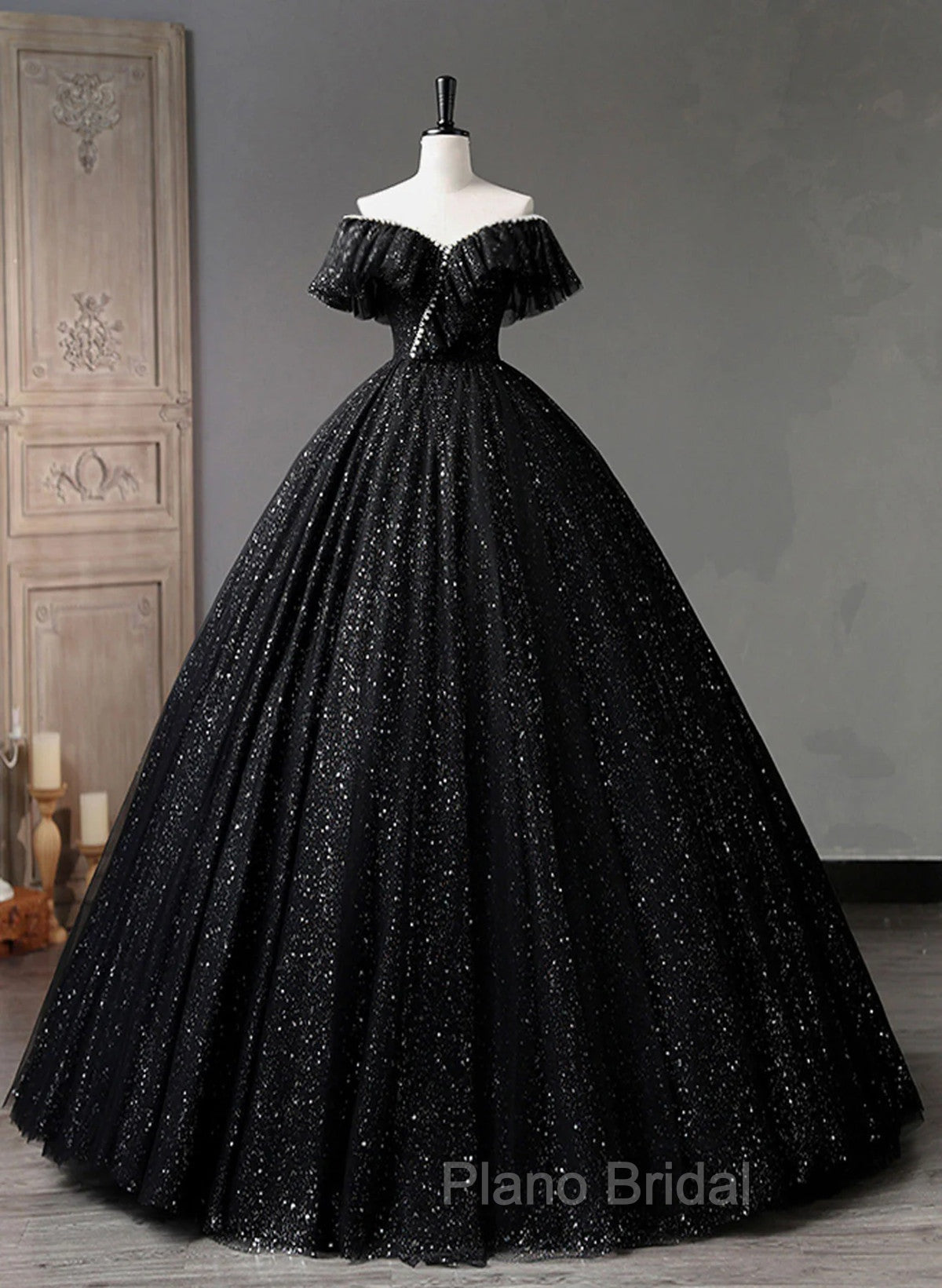 Black Tulle Beaded Long Formal Gown, Black Tulle A-line Formal Prom Dresses Secondary image