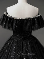 Black Tulle Beaded Long Formal Gown, Black Tulle A-line Formal Prom Dresses