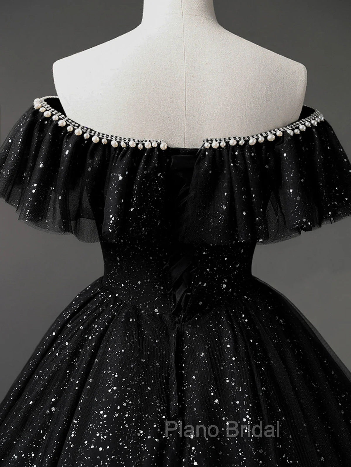 Black Tulle Beaded Long Formal Gown, Black Tulle A-line Formal Prom Dresses