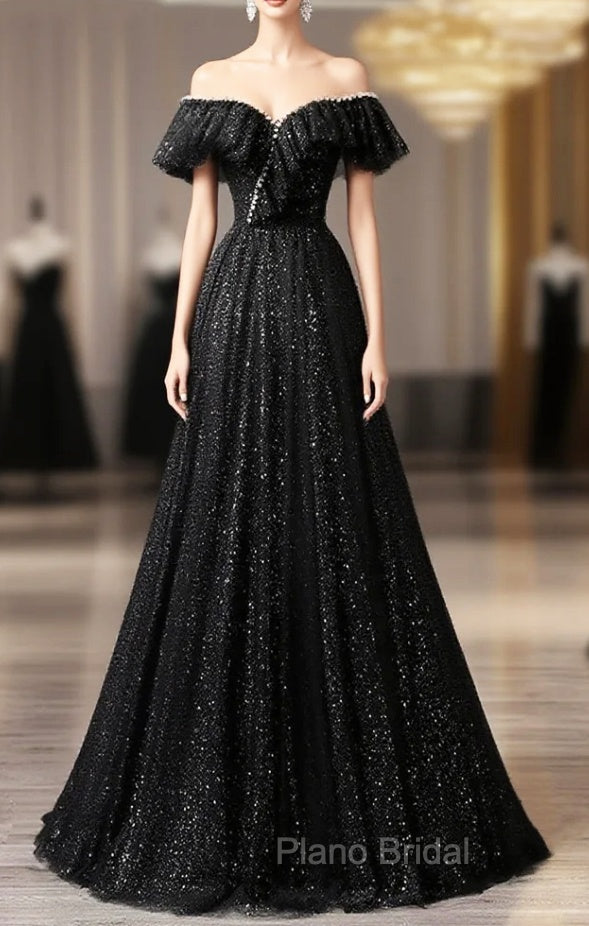 Black Tulle Beaded Long Formal Gown, Black Tulle A-line Formal Prom Dresses