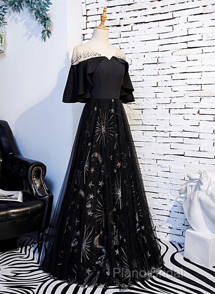 Black Tulle Beaded Long Party Dresses, A-Line Black Formal Dresses Formal Prom Dresses