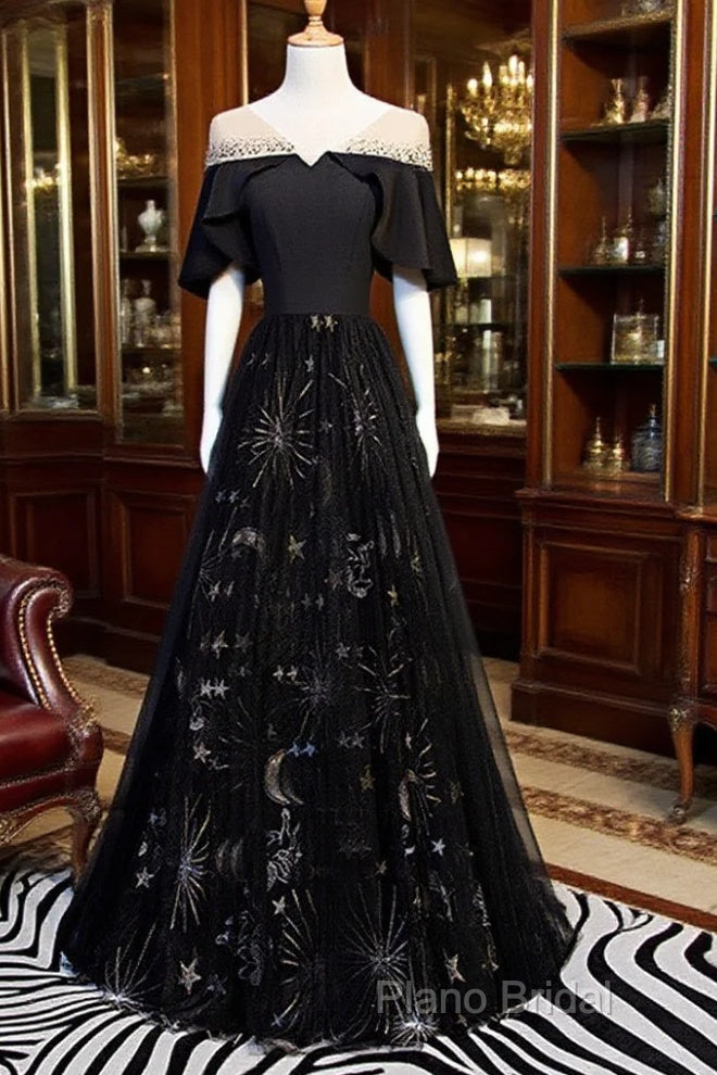 Black Tulle Beaded Long Party Dresses, A-Line Black Formal Dresses Formal Prom Dresses Main image