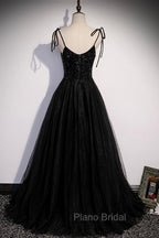 Black Tulle Beaded Long Formal Prom Dresses, A-Line Spaghetti Straps Evening Dresses