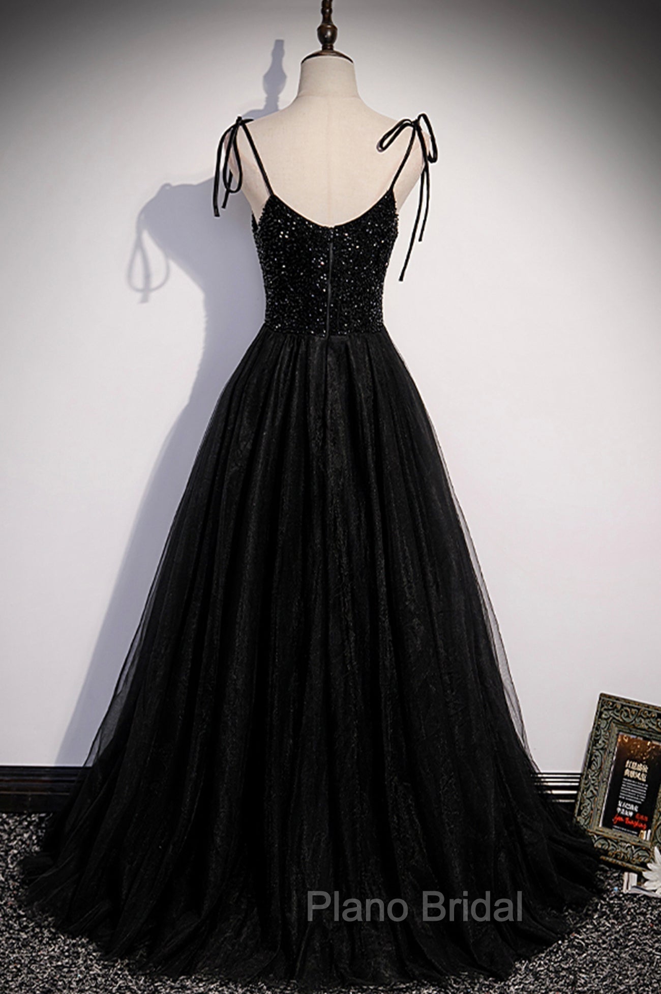 Black Tulle Beaded Long Formal Prom Dresses, A-Line Spaghetti Straps Evening Dresses