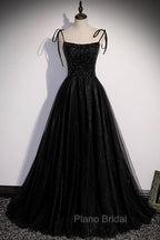 Black Tulle Beaded Long Formal Prom Dresses, A-Line Spaghetti Straps Evening Dresses