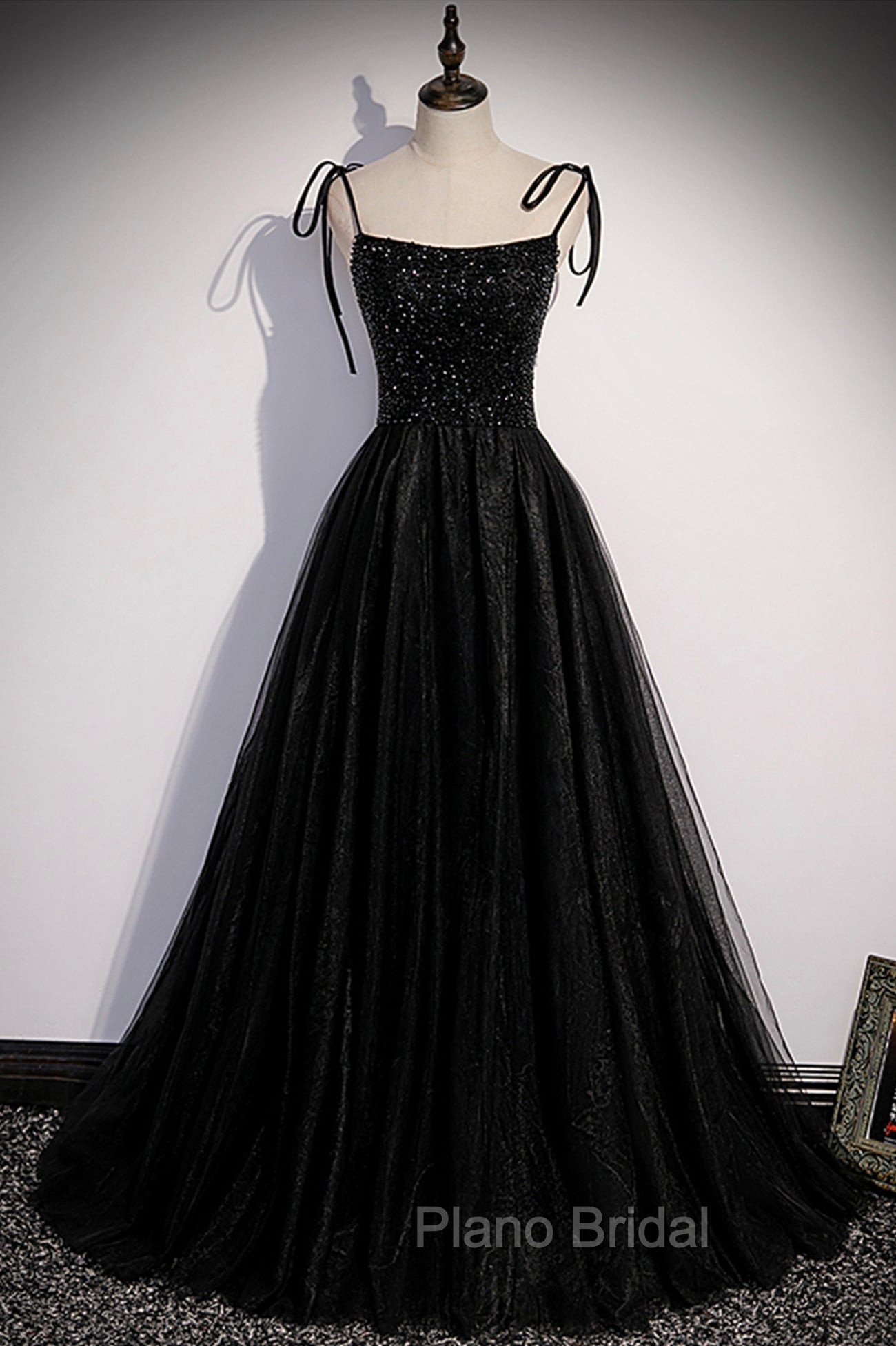 Black Tulle Beaded Long Formal Prom Dresses, A-Line Spaghetti Straps Evening Dresses