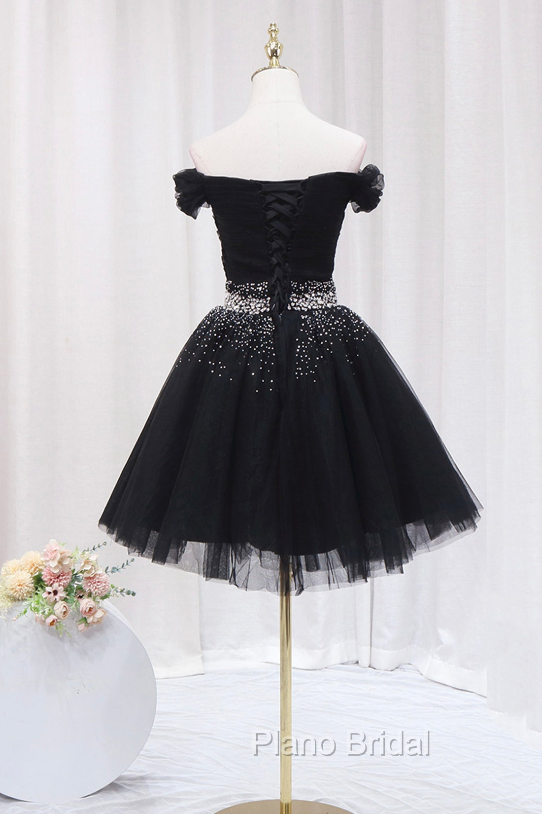 Black Tulle Beaded Short Formal Prom Dresses, Off Shoulder Evening Party Dresses