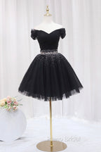 Black Tulle Beaded Short Formal Prom Dresses, Off Shoulder Evening Party Dresses