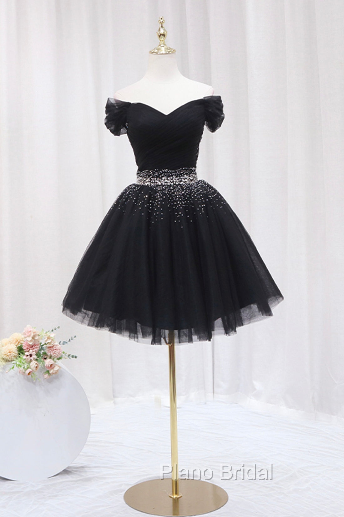 Black Tulle Beaded Short Formal Prom Dresses, Off Shoulder Evening Party Dresses