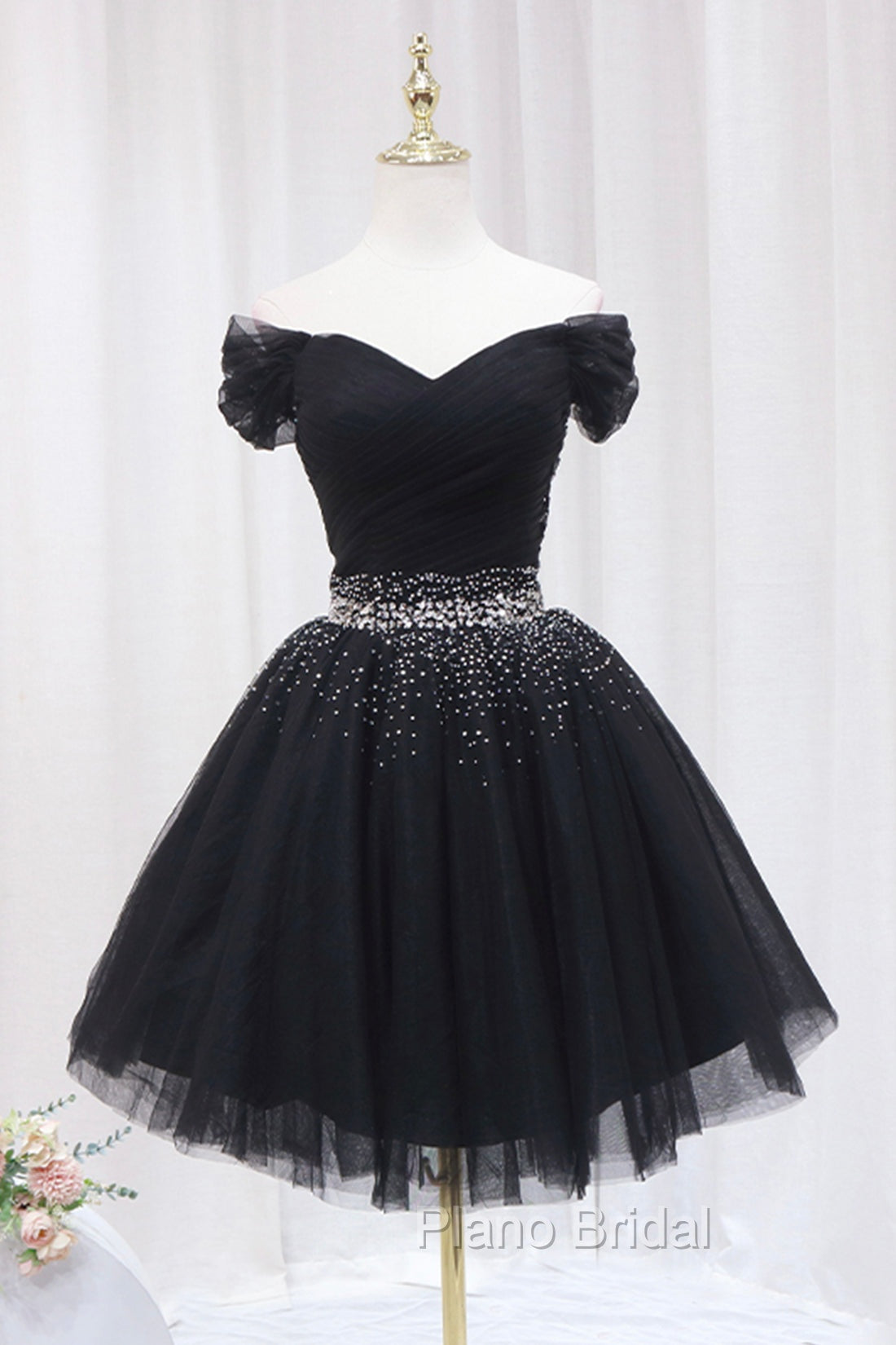 Black Tulle Beaded Short Formal Prom Dresses, Off Shoulder Evening Party Dresses Main image