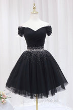 Black Tulle Beaded Short Formal Prom Dresses, Off Shoulder Evening Party Dresses