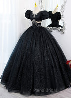 Black Tulle Beaded Short Sleeves Formal Prom Dresses, Black Tulle Formal Dresses