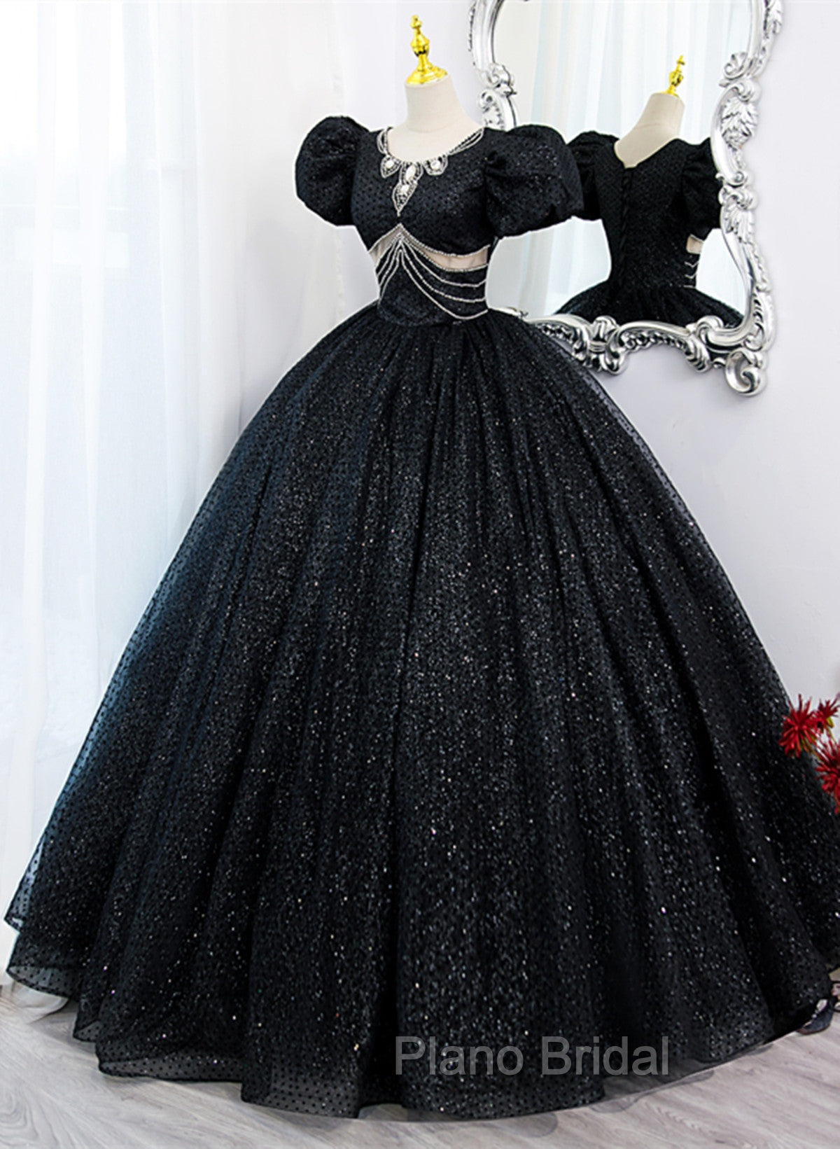 Black Tulle Beaded Short Sleeves Formal Prom Dresses, Black Tulle Formal Dresses