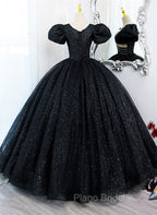 Black Tulle Beaded Short Sleeves Formal Prom Dresses, Black Tulle Formal Dresses