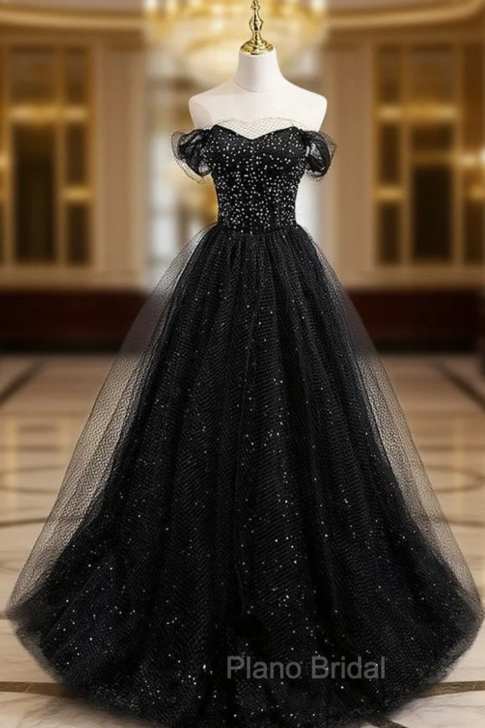 Black Tulle Beading Off the Shoulder Formal Prom Dresses Main image