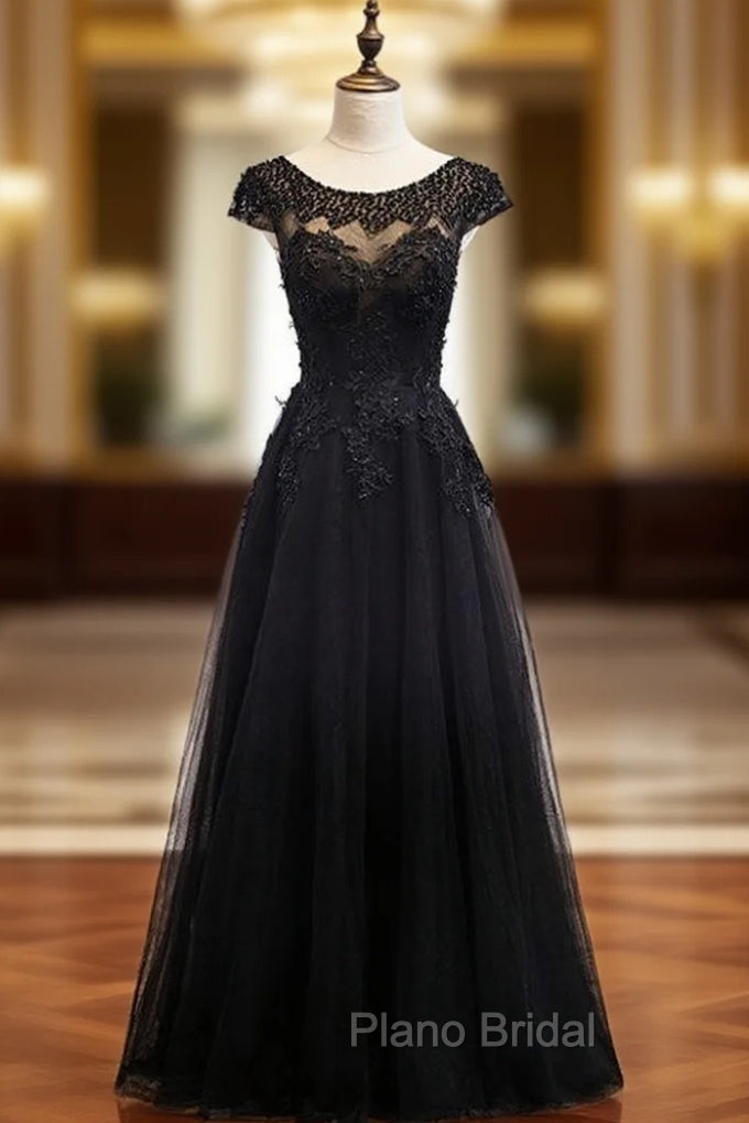 Black Tulle Cap Sleeve Appliques Beading Formal Prom Dresses