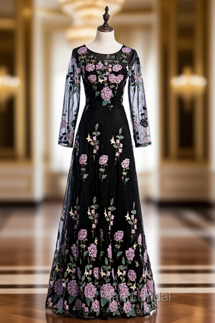 Black Tulle Embroidery Long Sleeve Scoop Formal Prom Dresses