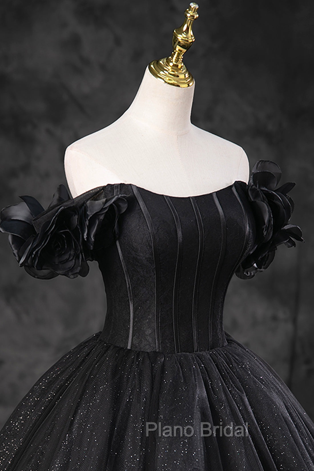 Black Tulle Floor Length A-Line Formal Prom Dresses, Off the Shoulder Evening Party Dresses