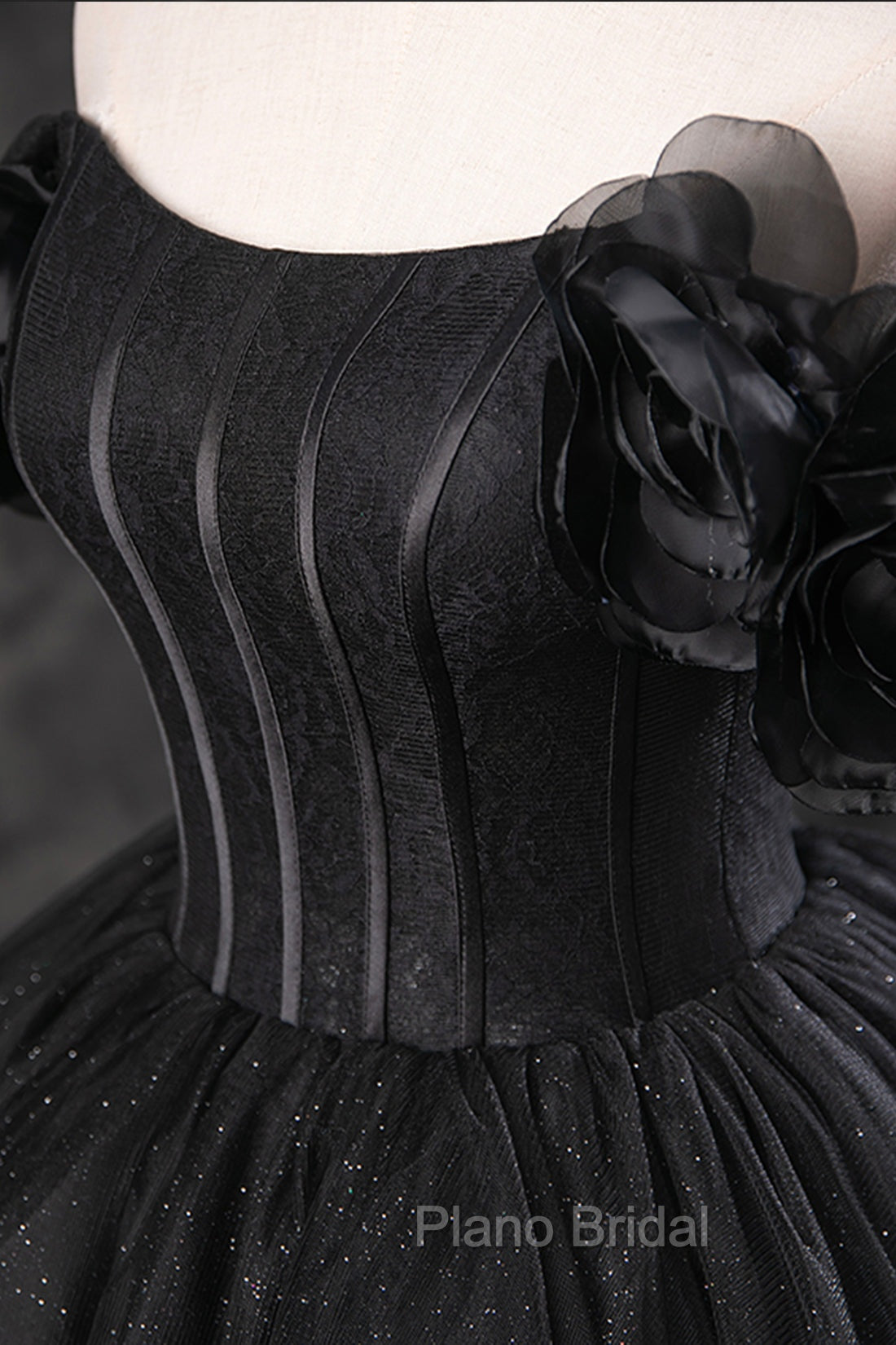 Black Tulle Floor Length A-Line Formal Prom Dresses, Off the Shoulder Evening Party Dresses
