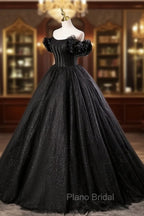 Black Tulle Floor Length A-Line Formal Prom Dresses, Off the Shoulder Evening Party Dresses