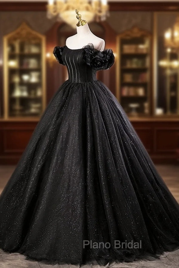 Black Tulle Floor Length A-Line Formal Prom Dresses, Off the Shoulder Evening Party Dresses