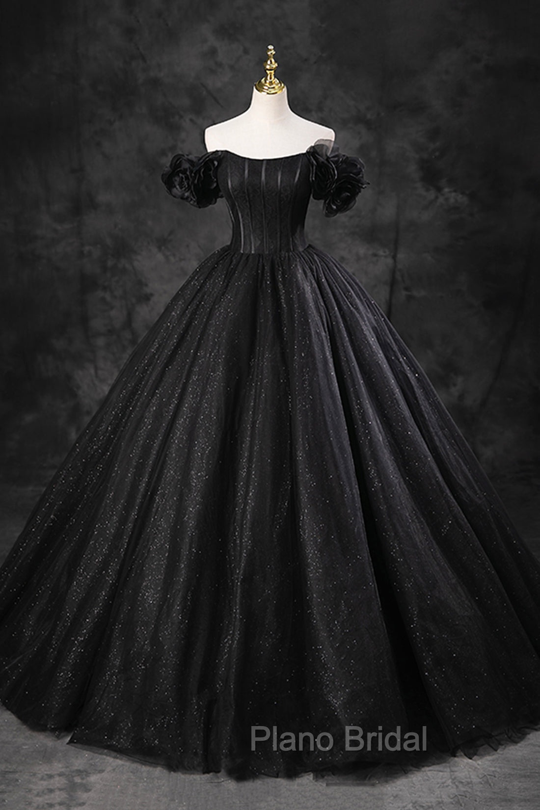 Black Tulle Floor Length A-Line Formal Prom Dresses, Off the Shoulder Evening Party Dresses Main image