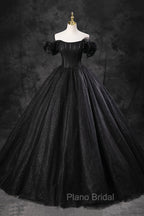 Black Tulle Floor Length A-Line Formal Prom Dresses, Off the Shoulder Evening Party Dresses
